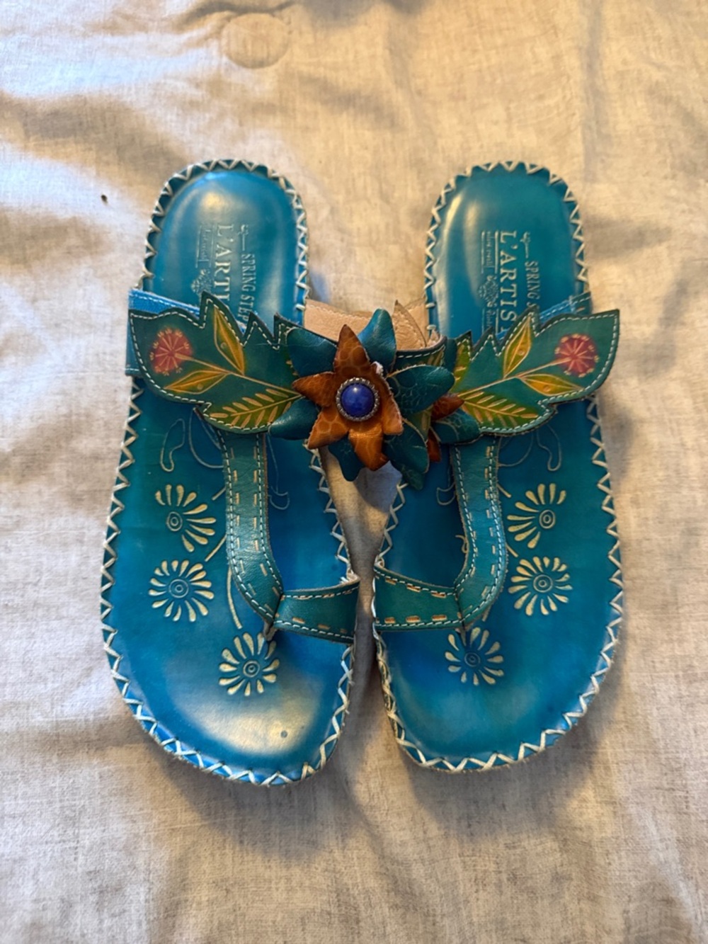 L'ATISTE Turquoise Floral Leather Slide Sandals